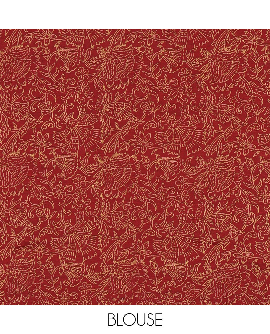 Borderless yellow kolam and kathakali motifs printed South cotton saree with a matching blouse, and a contrast floral vine printed blouse