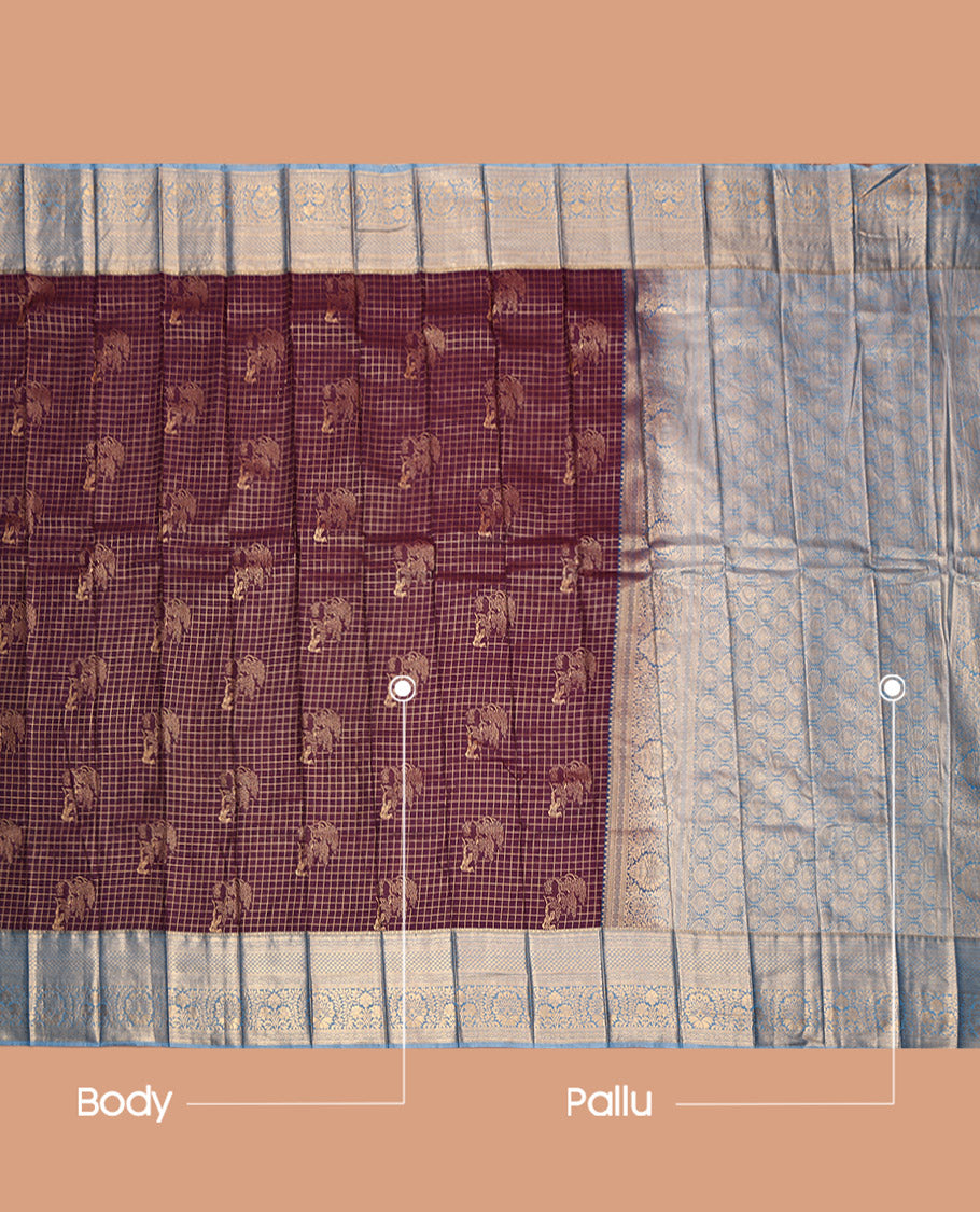 Brown Budget Silk Saree, Adorned with Zari Buttas and Checks, Complemented by Contrast Traditional Zari Border, Intricate Pallu, and Contrast Blouse