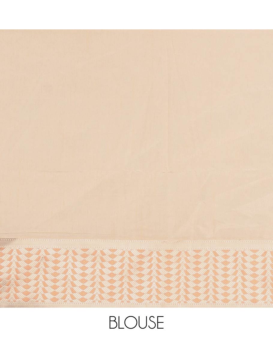 Half-white leaf zari buttas dola silk saree, geometric patterned zari border, pallu of geometric pattern & diagonal stripes & plain blouse