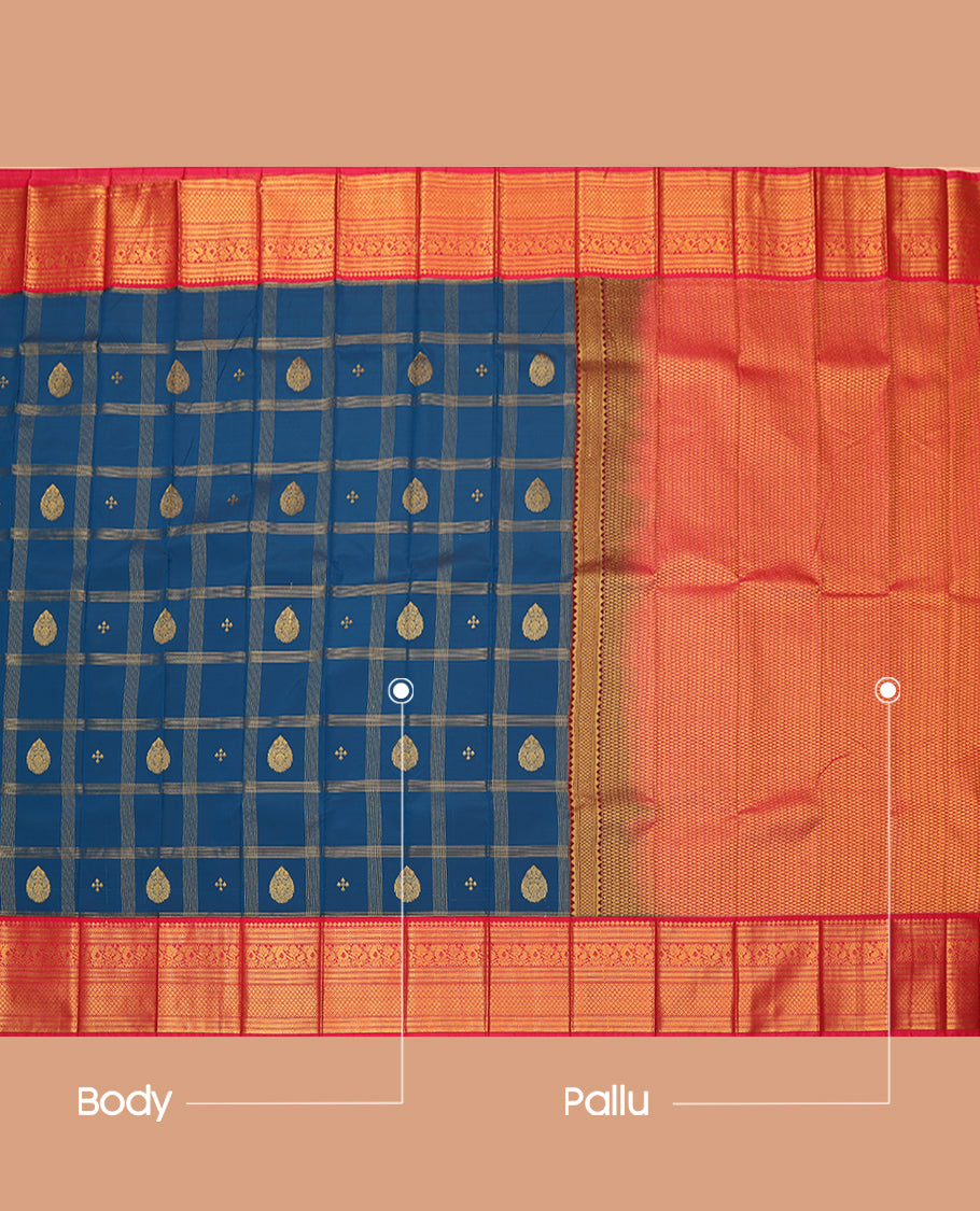 Blue Budget Silk Saree, Woven with Zari Butta Enclosed Checks, a Contrast Traditional Zari Border, Grand Pallu, and a Contrast Blouse