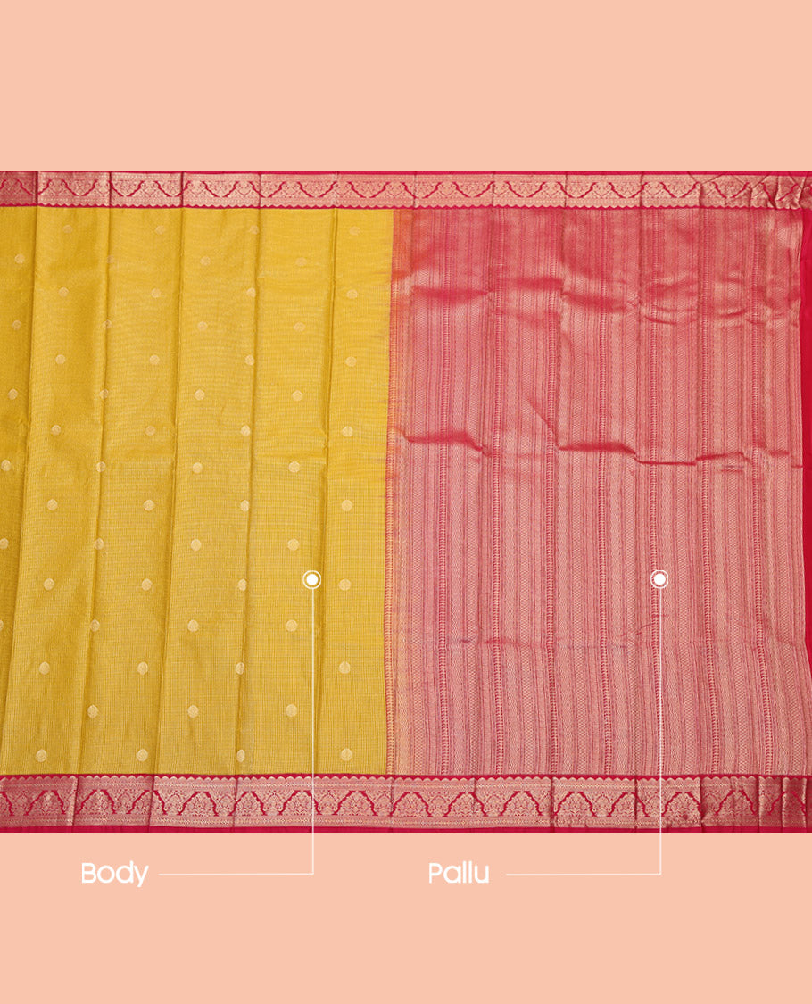 Mustard Budget Silk Saree, Woven with Zari Buttas and Checks, Complemented by Contrast Traditional Rettai Pettu Border, Geometric Pallu and a Contrast Blouse