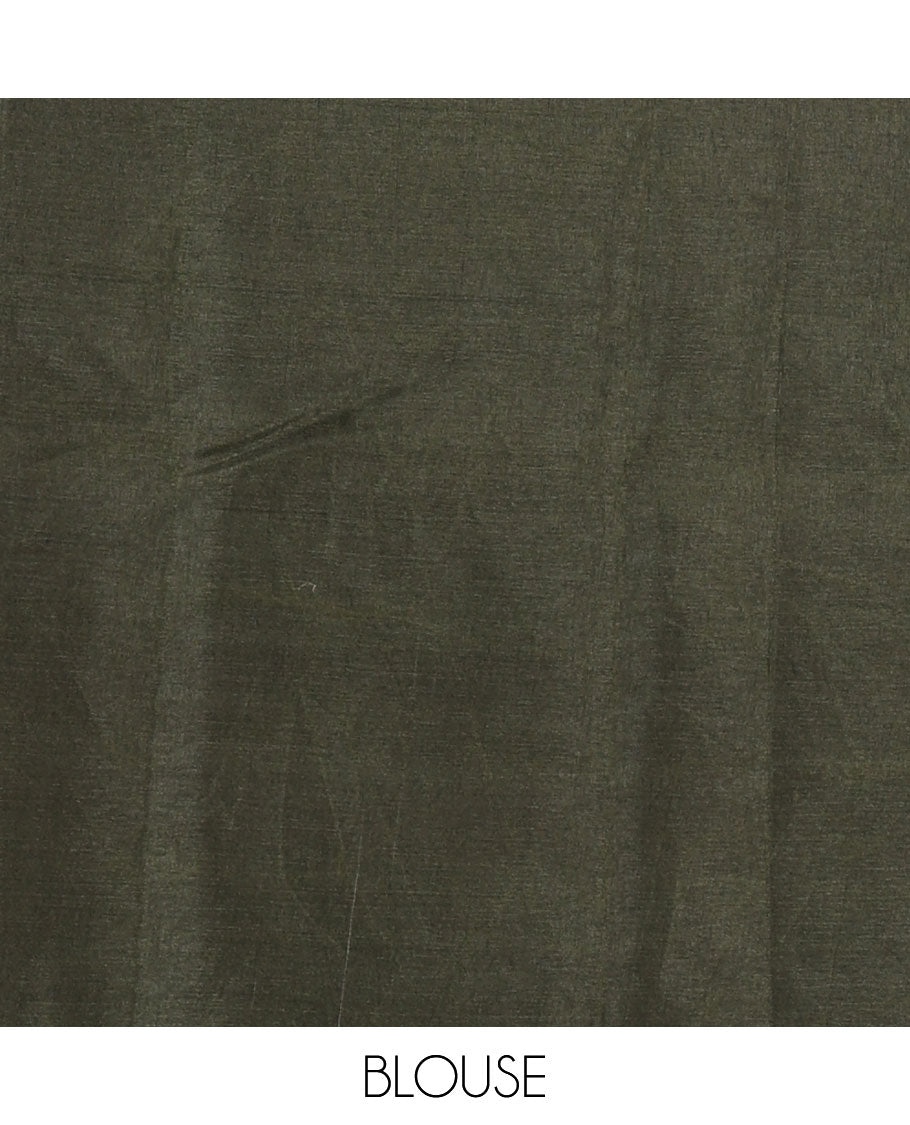 Borderless green shibori printed with shell motifs, blockprinted Manipur tussar saree, shibori printed pallu, and a plain matching blouse