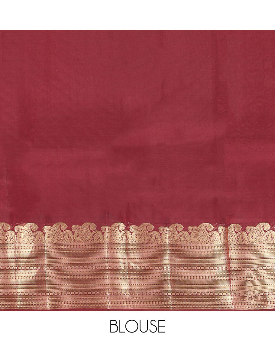 Maroon Vasundhara Lite Silk Mix Saree, Prettified with Zari Buttas, Highlighted by a Zari Border of Manga,  and Geometric Designs, Pallu Adorned with Jaal Designs, and Paired with a Matching Blouse