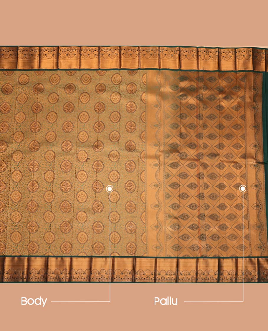 Green Budget Silk Saree, Woven with Floral Design and Zari Buttas, Complemented by Contrast Traditional Zari Border, a Jaal Pallu and a Contrast Blouse