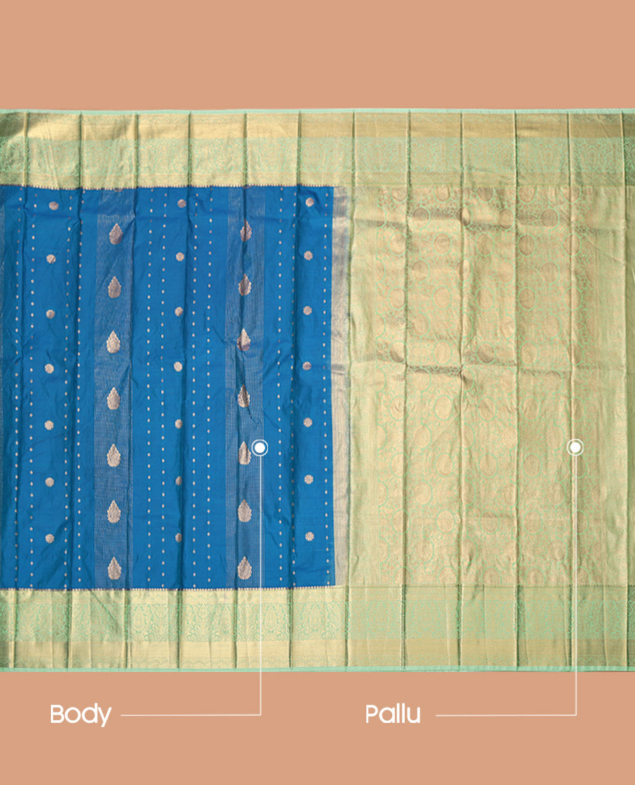 Blue Budget Silk Saree, Embellished with Zari Designs, Contrast Traditional Zari Border, Grand Pallu, and a Contrast Blouse