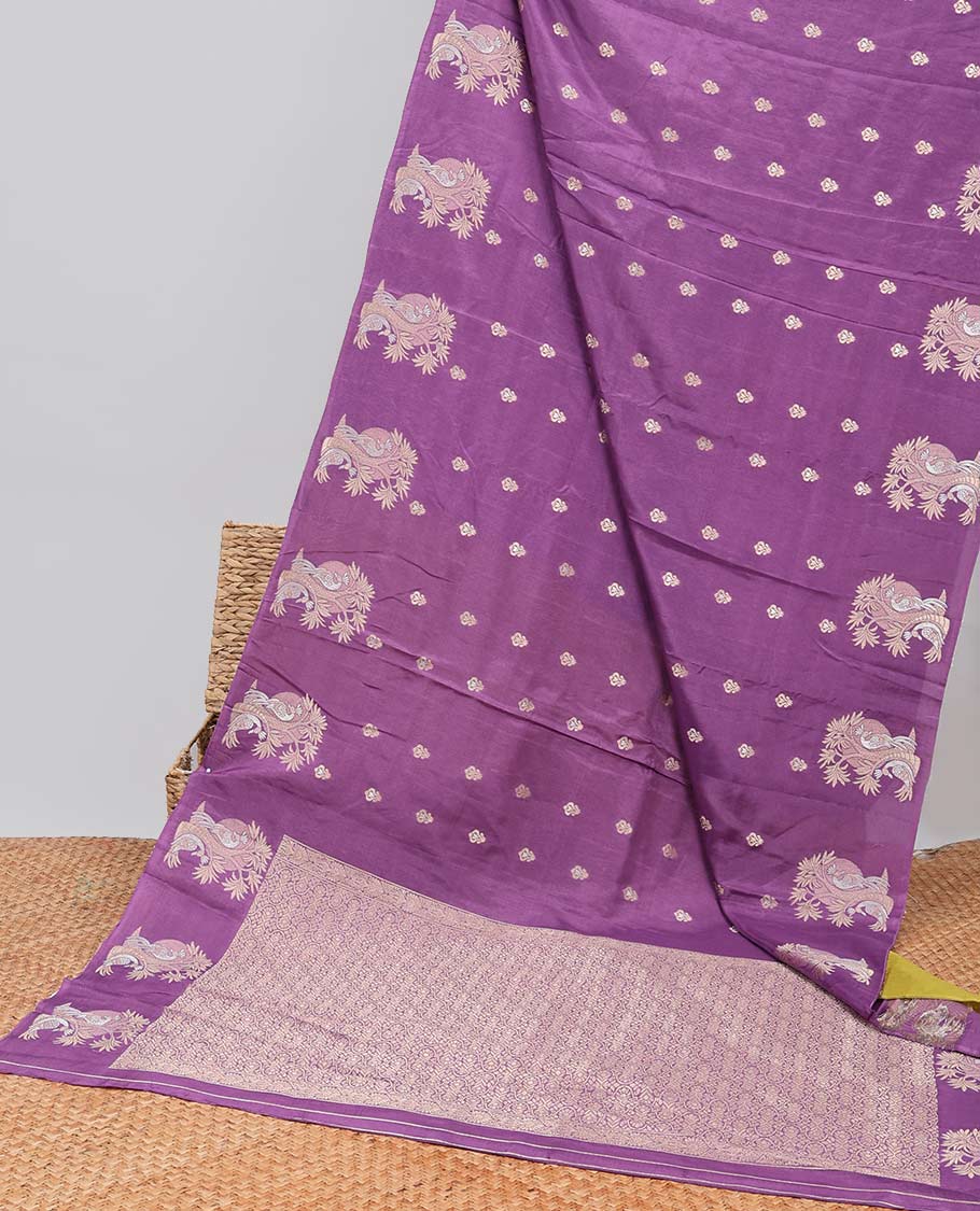 Purple floral design mushru silk saree with self floral border & intricate jaal design pallu