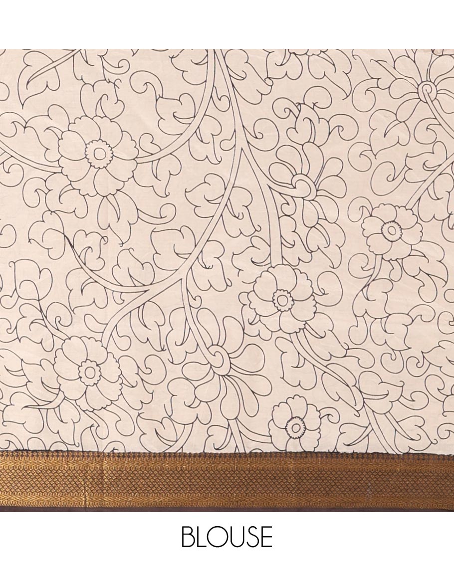 Black and cream pichwai cow printed Mangalagiri silk saree, traditional zari design border, kalamkari printed pallu, and printed blouse