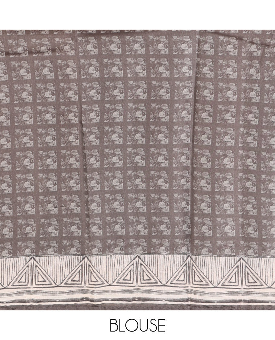 Mauve brown floral print & multi-color floral thread embroidered fancy tussar silk saree, triangle motif print & embroidered border & matching blouse of print & embroidery