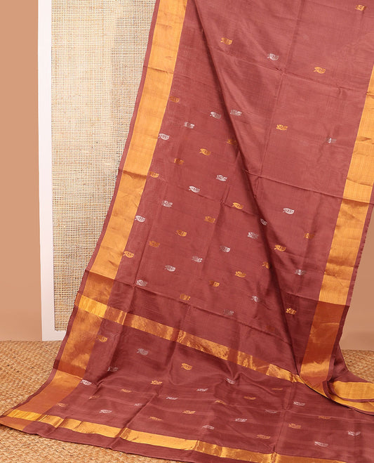 Brown floral design uppada saree with contrast zari border & floral design pallu