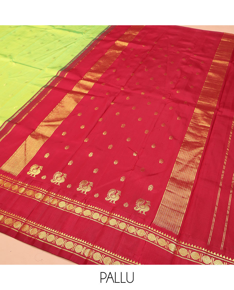 Parrot Green Kanchipuram Silk Saree, Adorned with Zari Buttas and Mayil Buttas on Its Body, Complemented by a Contrast One-Sided Korvai Border of Rekku, Banaras, and Rudraksham Designs, Pallu of Zari Designs, and Comes Without a Blouse