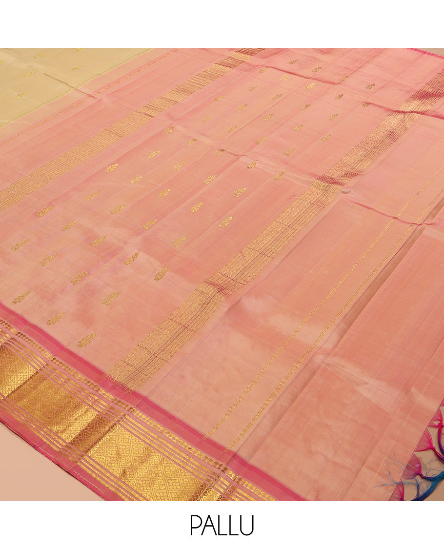 Sandal Kanchipuram Silk Saree, Woven with Zari Buttas, a Contrast One-Sided Border of Panner Sombu, Banaras, Muthu, and Jaal Designs, Zari Design Pallu, and No Blouse