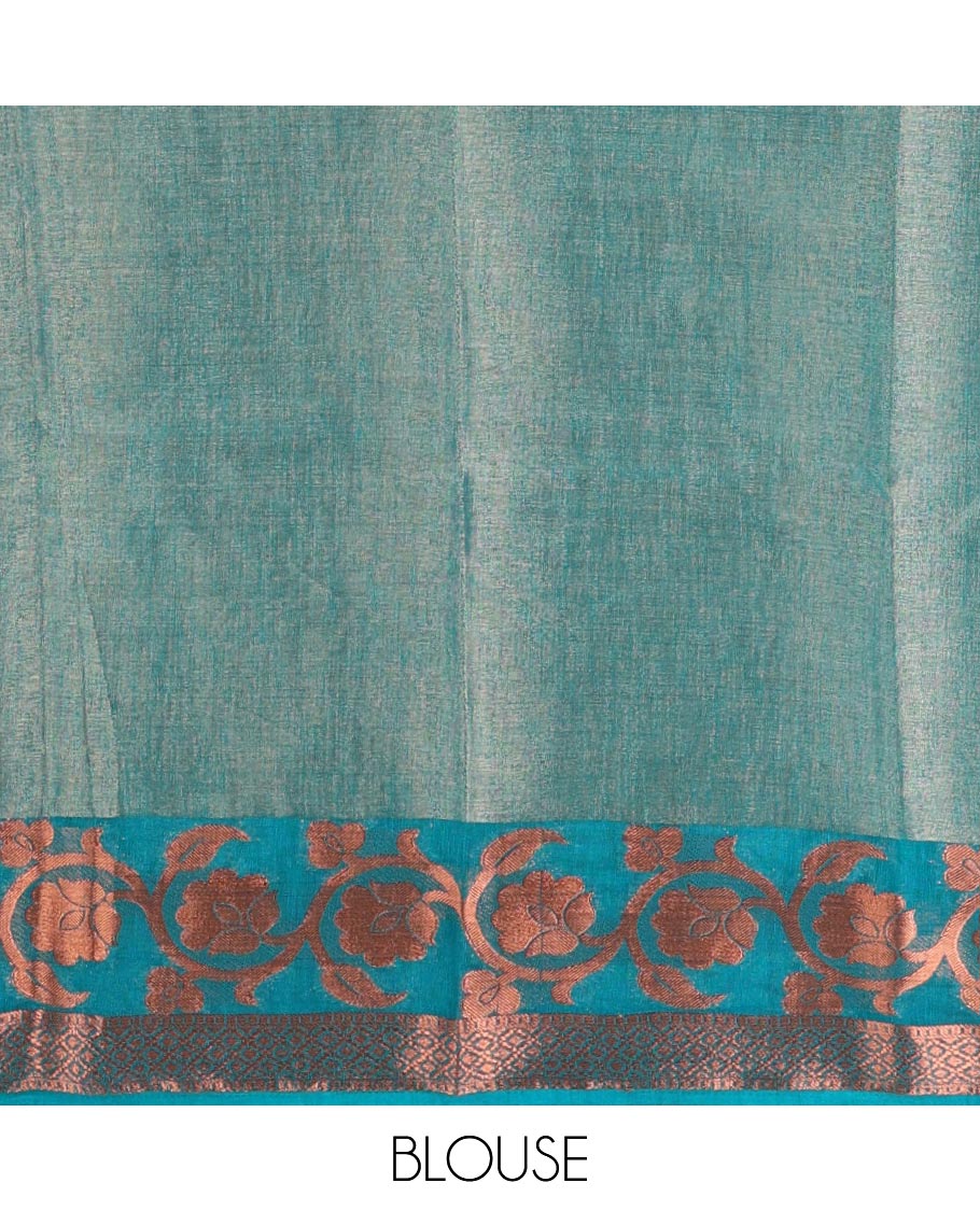Navy blue plain tissue saree, contrast floral creeper & diamond patterned zari border, striped pallu & contrast plain blouse