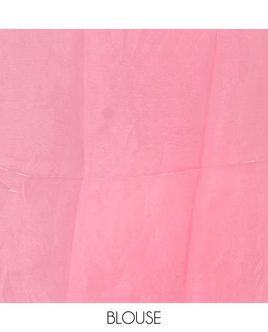 Borderless baby pink tie-dye-style printed fendy satin saree, self-pallu with tassels & plain blouse