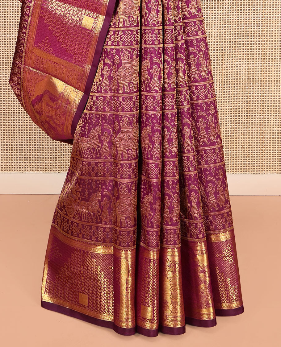 Purple Kanchipuram Wedding Silk Saree, Masterfully Woven with Jacquard Design, a Zari Border of Rekku, Muthu, Kuyil Kann, and Wedding-Themed Motifs, Jaal Pallu, and a Matching Blouse