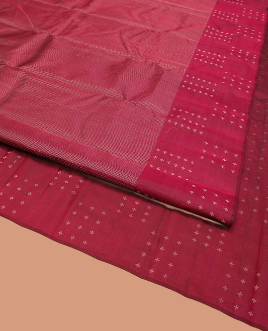 Red Vasundhara Silk Saree, Subtly Sparkled with Micro-Checked Design on Its Body, Highlighted by a Zari Border Steeped with Flower Designs, Pallu Steeped with Flower Designs, and Paired with a Matching Blouse