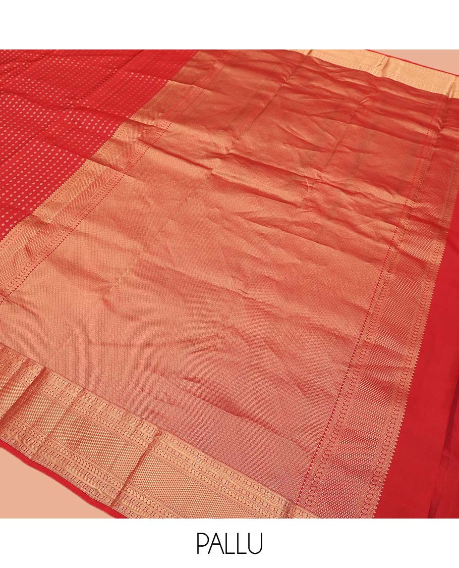 Red Vasundhara Lite Silk Mix Saree, Adorned with Zari Buttas All Over Its Body, Highlighted by Zari Border of Rudraksham, Banaras, Manga, and Mayil Kann Designs, Diagonally Striped Pallu, and Paired with a Matching Blouse