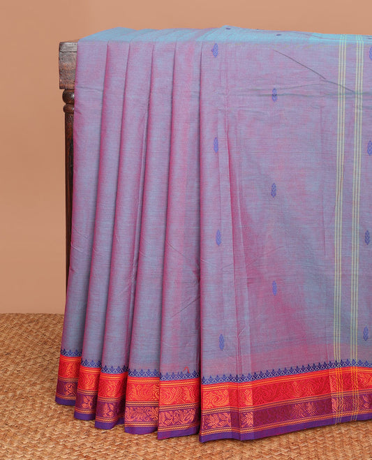 Violet thread buttas Chettinad cotton saree, contrast traditional design woven border & pallu with buttas & stripes