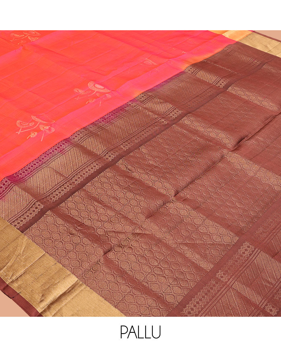 Pink Mayuri Lite Silk Mix Saree, Sparsely Woven with Zari Buttas on Its Body, Highlighted by Zari Bavanji Border, Complemented by a Contrast Pallu of Intricate Designs, and Paired with a Contrast Blouse