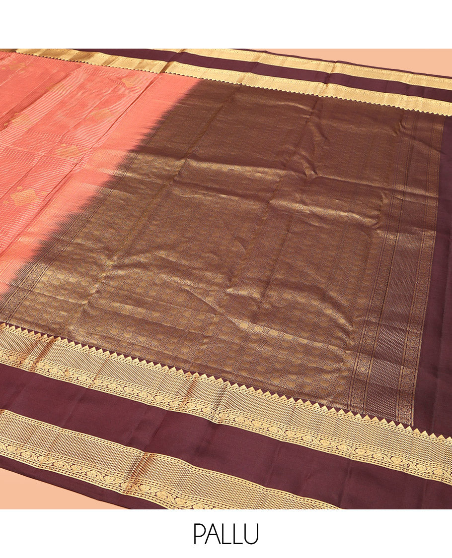 Peach Vasundhara Silk Saree, Accentuated with Zari Buttas and Checks, a Contrast Rettai Pettu Border of Rekku, Neli, Kodi Visiry, and Mayil Kann Designs, Grand Pallu, and a Contrast Blouse