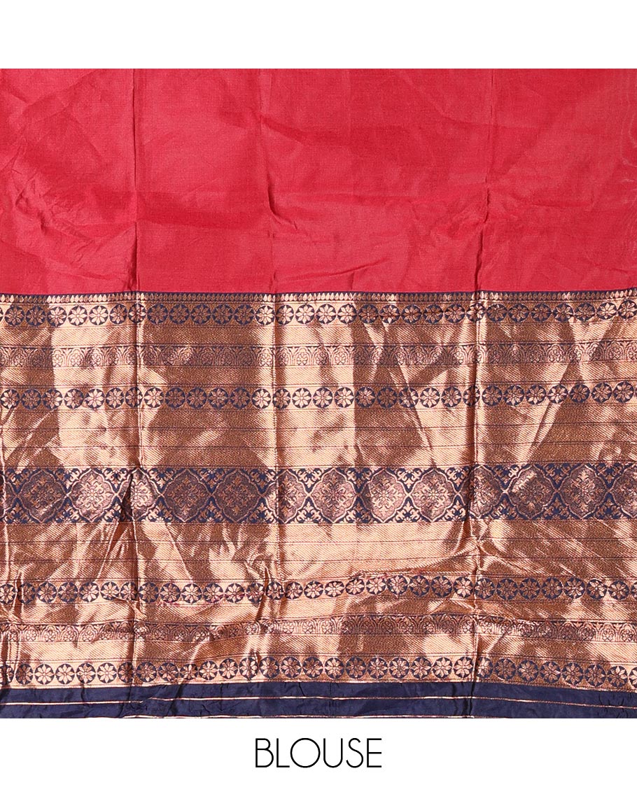 Red taffeta silk half saree, plain with contrast dark blue traditional zari big border, matching zari blouse, and contrast plain zari border dhavani