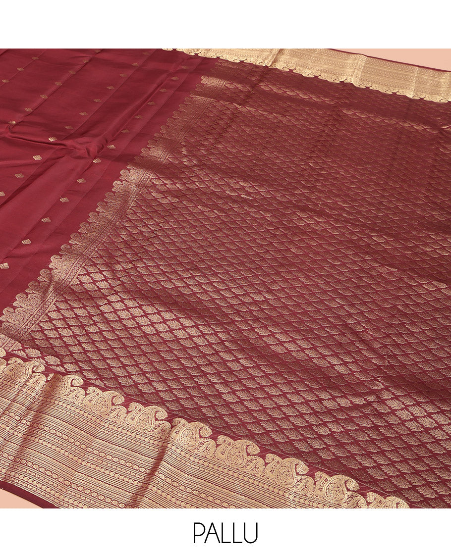 Maroon Vasundhara Lite Silk Mix Saree, Prettified with Zari Buttas, Highlighted by a Zari Border of Manga,  and Geometric Designs, Pallu Adorned with Jaal Designs, and Paired with a Matching Blouse