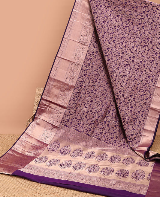 Violet floral jacquard kancheepuram silk saree with self zari design border & intricate floral zari design pallu