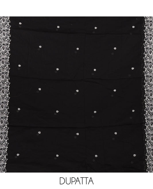 White & black cotton chudidar material set, zig-zag print & neck embroidery top, plain bottom & floral embroidered dupatta