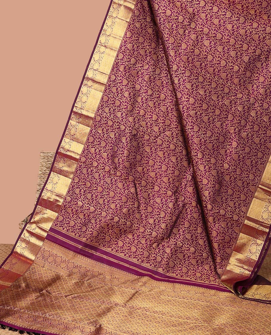 maroon floral jacquard kancheepuram silk saree with self zari border & argyle zari design pallu