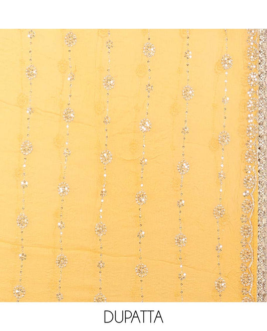 Yellow material chudidhar set, floral print & embroidered top, plain bottom & sequins embroidered dupatta