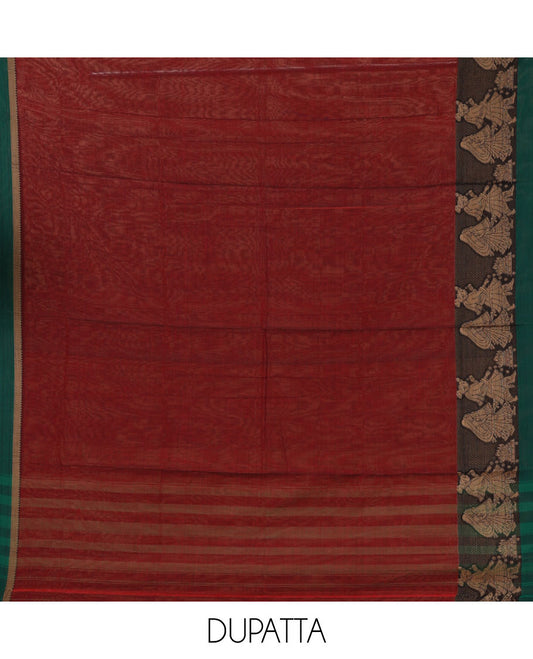 Maroon mercerised cotton material chudidar set, Madhubani-style bride-groom motif woven top, bottom & dupatta