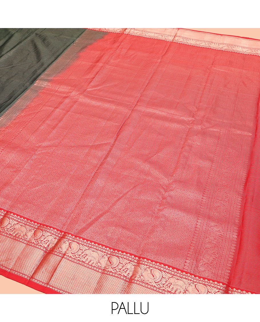 Green Kanchipuram Silk Saree, Bedecked with Stripes All Over Its Body, Complemented by Contrast Border of Mayil, Yaanai, Kamalam, and Mayil Kann Designs, Gleaming Zari-Striped Pallu, and Paired with a Contrast Blouse