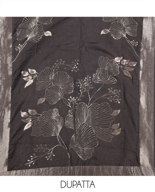 Black Semi-Silk Material Chudidar Set, Adorned with Pom-Pom Necklined Top, a Plain Santoon Bottom, and Paired Floral Zari Woven Semi-Silk Dupatta