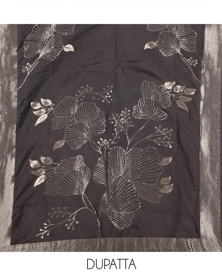 Black Semi-Silk Material Chudidar Set, Adorned with Pom-Pom Necklined Top, a Plain Santoon Bottom, and Paired Floral Zari Woven Semi-Silk Dupatta