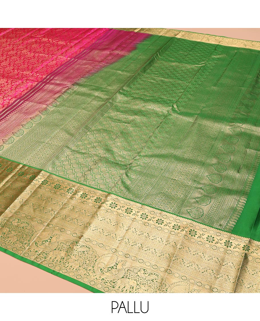 Pink Kanchipuram Wedding Silk Saree, Graced with Jacquard Design, a Contrast Border of Thilakam, Poun, Kamalam, Diamond, Kodi Visiry, Yaanai and Mayil, Grand Pallu, and a Contrast Blouse