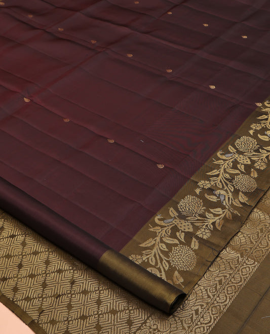 Brown Mayuri Lite Silk Mix Saree, Adorned with Zari Buttas All Over Its Body, Complemented by a Contrast Floral and Peacock Design Border, Pallu of Jaal Designs, and Paired with a Contrast Blouse