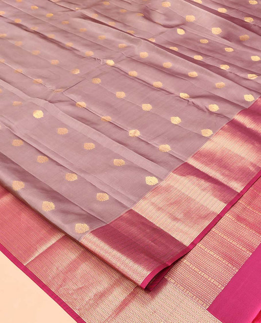 Grey Vasundhara Silk Mix Saree, Bedecked with Zari Buttas All Over Its Body, Complemented by Contrast Border of Muthu and Kathir Designs, Geometric Patterned Pallu and Paired with a Contrast Blouse
