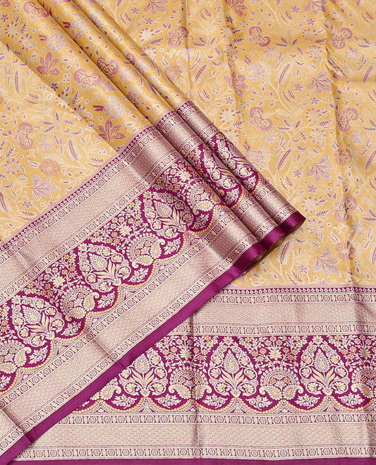 Yellow Art Silk Material Half Saree, Gracefully Embellished with Jacquard Skirt, a Contrast Jacquard Zari Border, Contrast Blouse, and an Intricate Dhavani