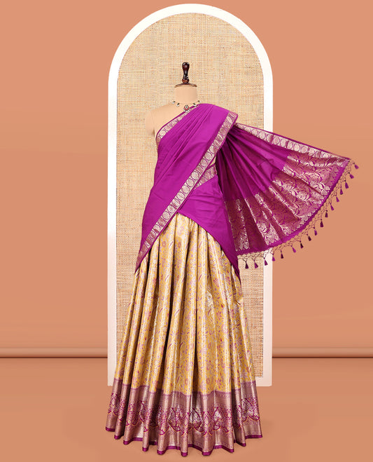 Yellow Art Silk Material Half Saree, Gracefully Embellished with Jacquard Skirt, a Contrast Jacquard Zari Border, Contrast Blouse, and an Intricate Dhavani