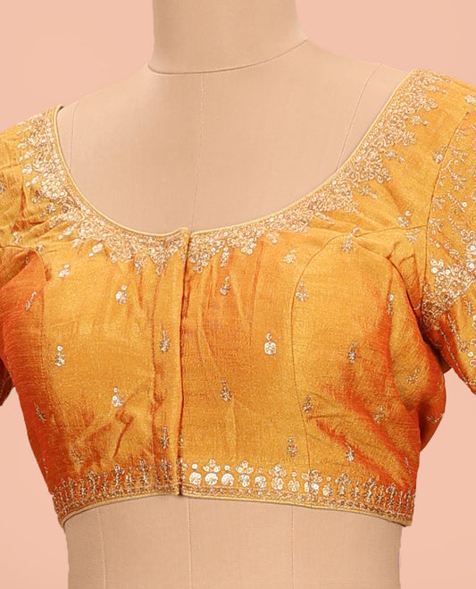 Mango yellow sequins embroidered round neck with elbow sleeve raw-silk blouse
