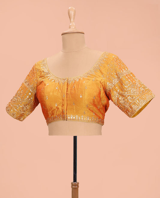 Mango yellow sequins embroidered round neck with elbow sleeve raw-silk blouse