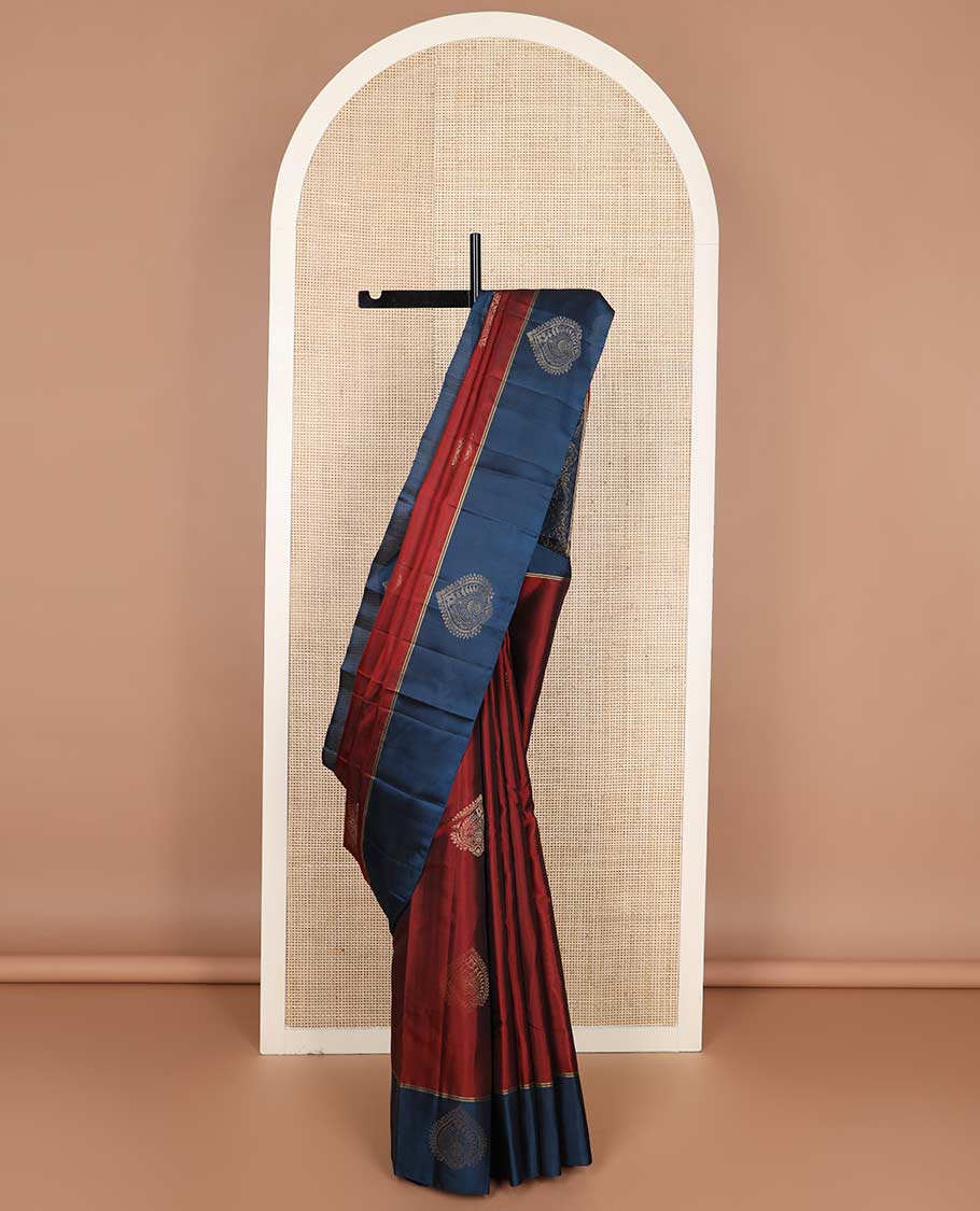 Red zari buttas silk mix saree, contrast zari buttas border & zari-rich intricate jaal pallu