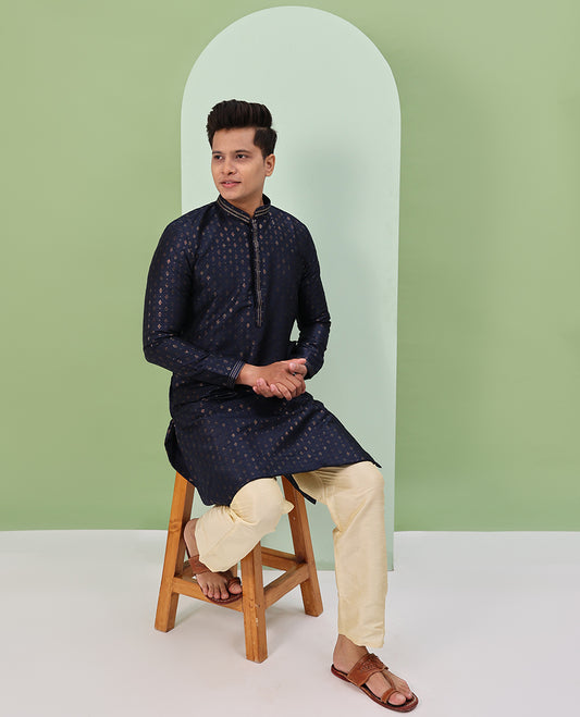 Dark blue antique golden color buttas, and neck embroidered full-sleeved readymade kurta