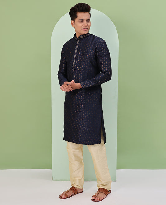 Dark blue antique golden color buttas, and neck embroidered full-sleeved readymade kurta