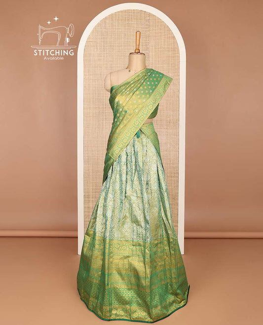 Green floral jacquard banaras half saree with contrast zari design border, zari design blouse & floral zari design dhavani