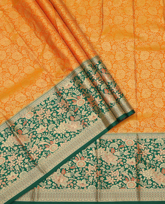 Orange Art Silk Pavadai Material, Embellished with Jacquard Design, Contrast Floral Zari Design Border, and Comes with a Contrast Blouse