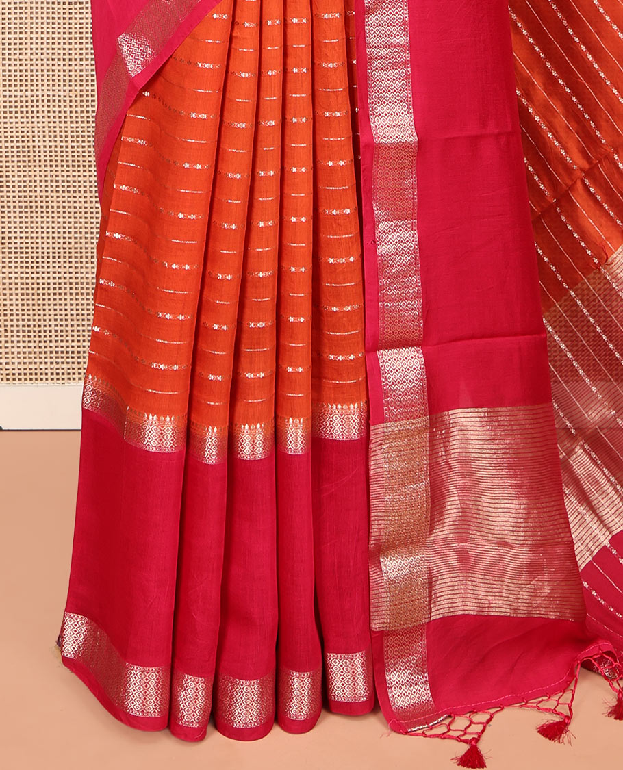 Orange Assam Silk Saree, Embellished with Zari Stripes, Complemented by a Contrast Zari Traditional Border, Zari-Striped Pallu, and a Contrast Blouse