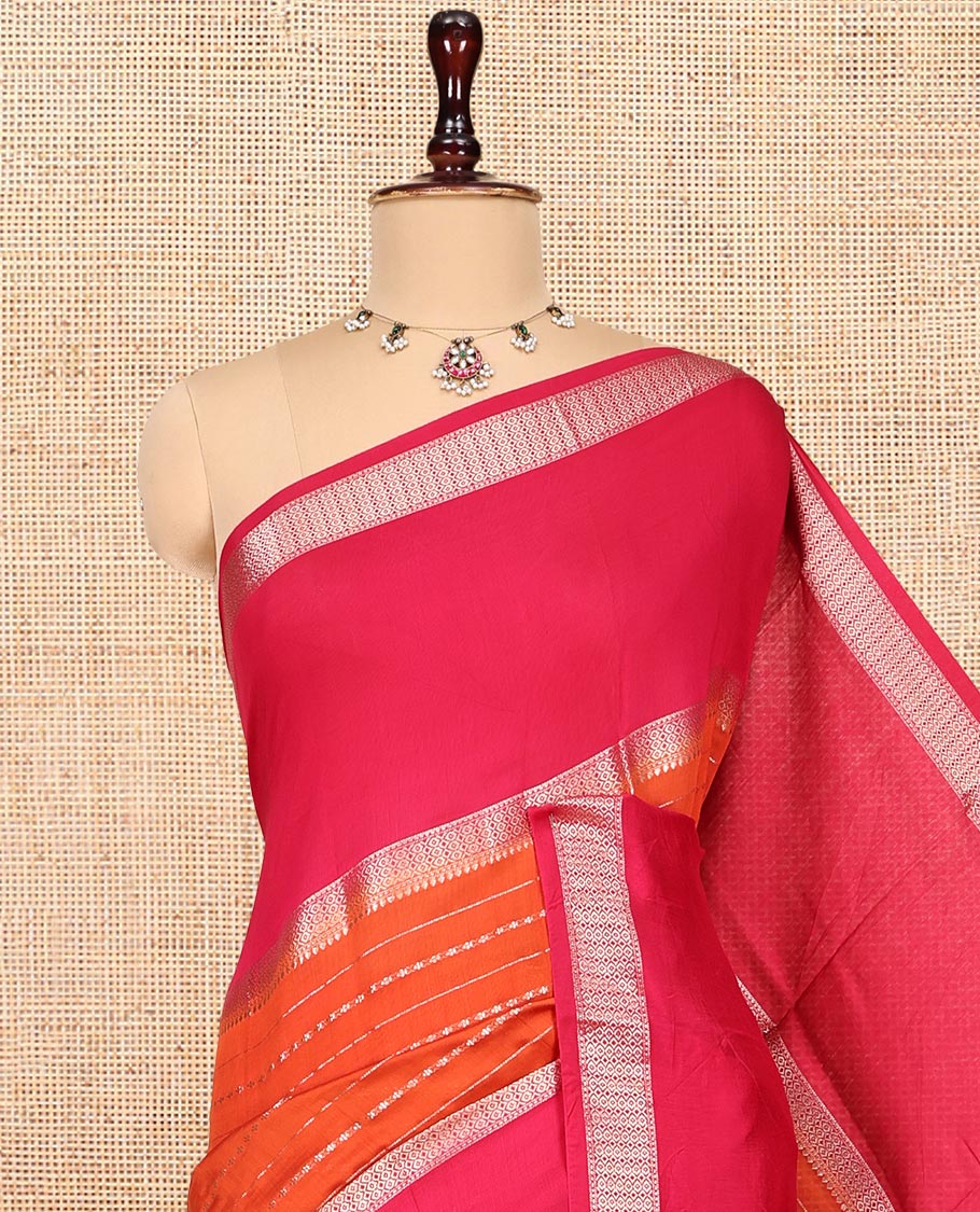 Orange Assam Silk Saree, Embellished with Zari Stripes, Complemented by a Contrast Zari Traditional Border, Zari-Striped Pallu, and a Contrast Blouse