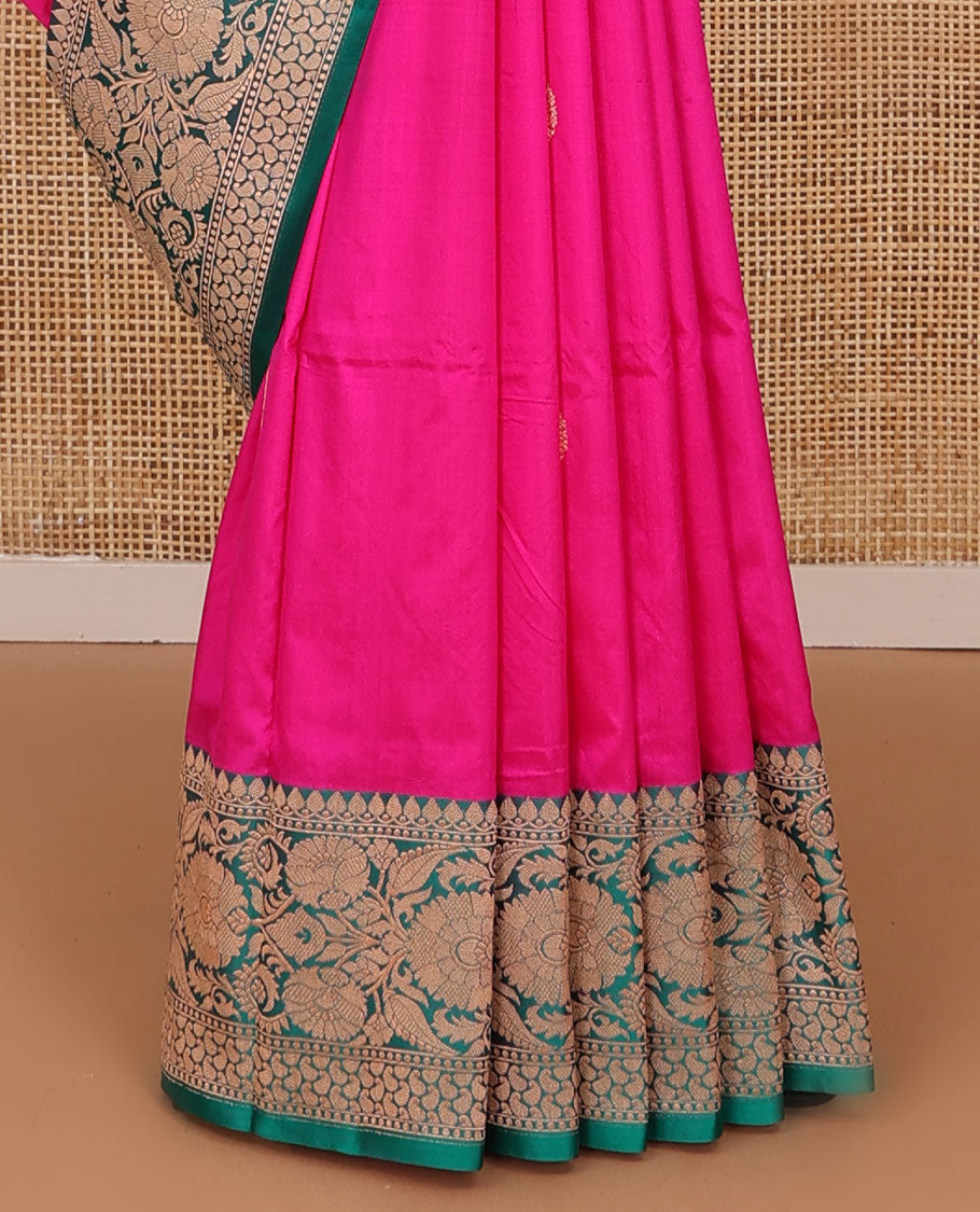 Dark pink zari buttas katan silk saree, contrast border and pallu of Mughal style zari designs