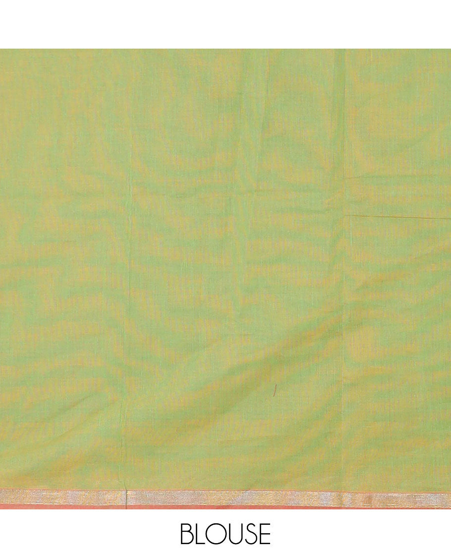Green buttas coimbatore cotton saree, contrast piping border, and pallu of geometric patterns