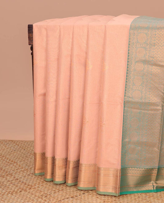 Light brown leaf motifs semi silk cotton saree with contrast intricate zari design border & chevron design pallu